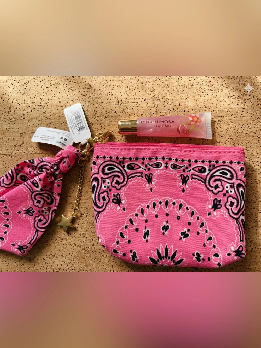 Pink Bandana Print Wristlet Pouch with Star Charm and lip gloss
